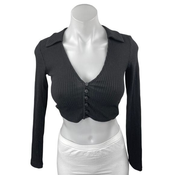 Princess Polly Tops - Princess Polly Black Ribbed Knit Long Sleeve Button Up Polo Crop Top Size 0